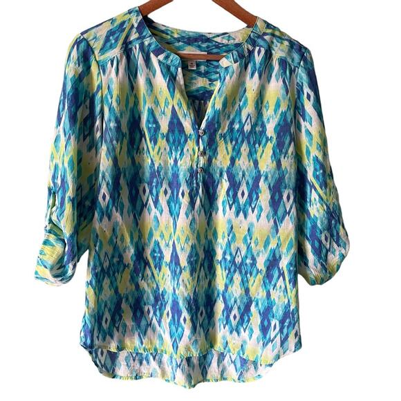 Kim Rogers Tunic Medium Shirt Blue Multi Color 3/4 Roll Tab Sleeves Aztec Summer - Picture 7 of 7